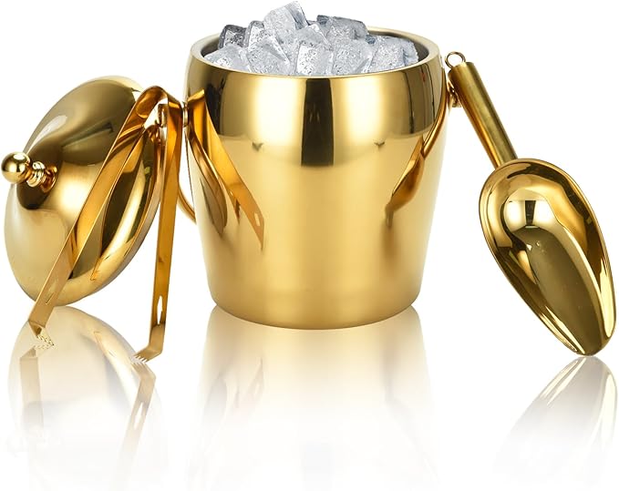 Ice Bucket Champagne Bucket with Tongs Scoop Lid, Double Wall Wine Bar Freezer Ice Bucket with Stand & Carrying Handle, St...