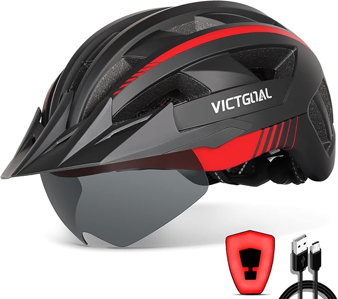 VICTGOAL Bike Helmet with USB Rechargeable Rear Light Detachable Magnetic Goggles Removable Sun Visor Mountain & Road Bicy...