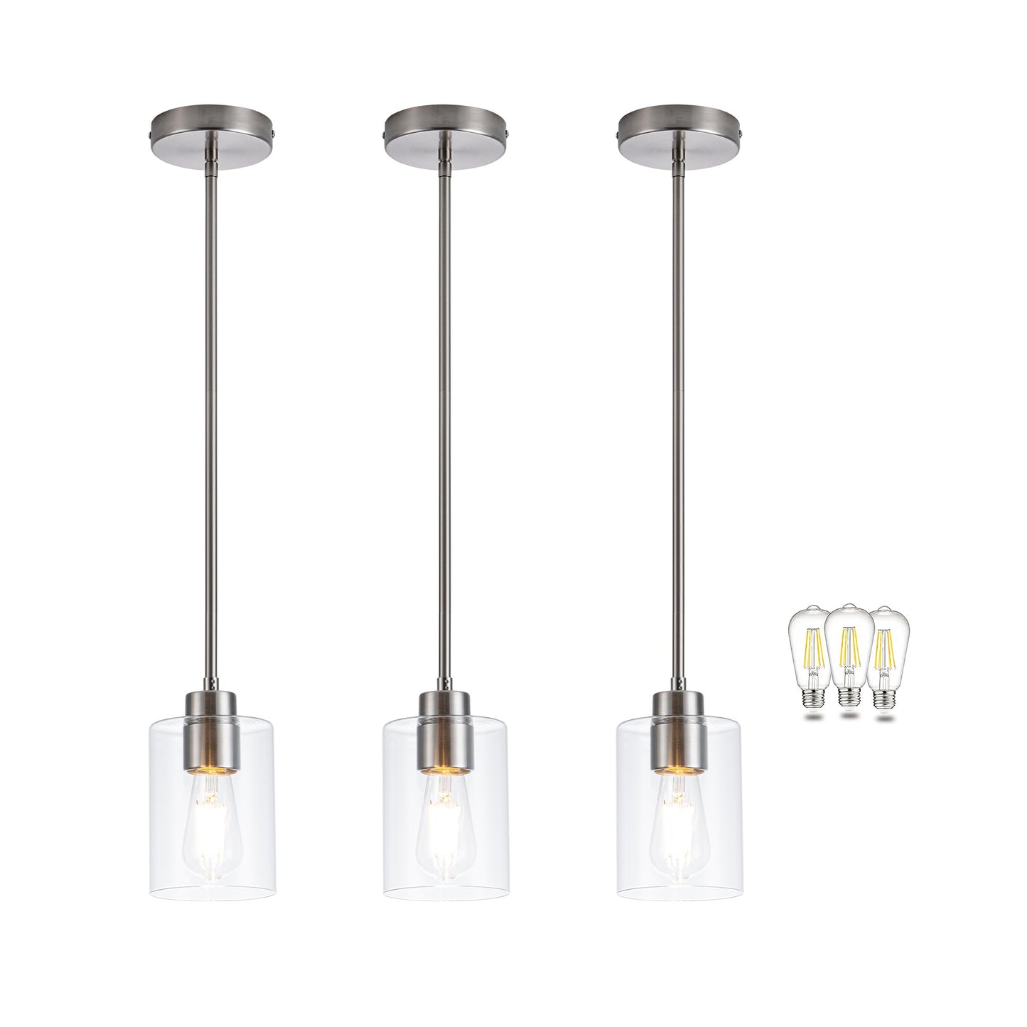 MAYNA 3 Pack Glass Kitchen Pendant Lighting Over Island with Rod, Brushed Nickel Kitchen Island Lighting with Clear Glass Shade,