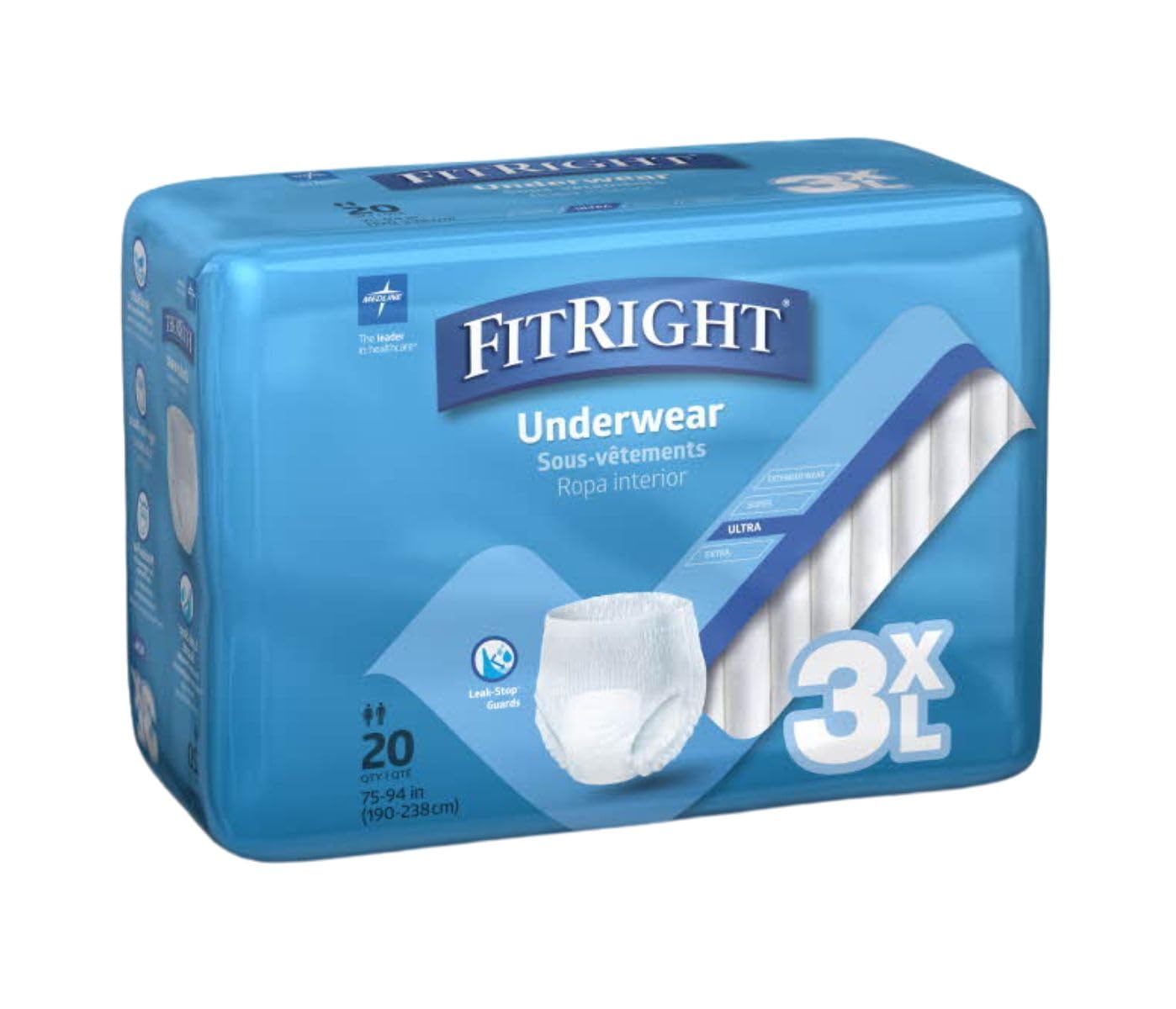 Medline FitRight Adult Incontinence Underwear, Heavy Absorbency, 3X-Large, 75"-94" Waist (20 Count, 4 Pack)