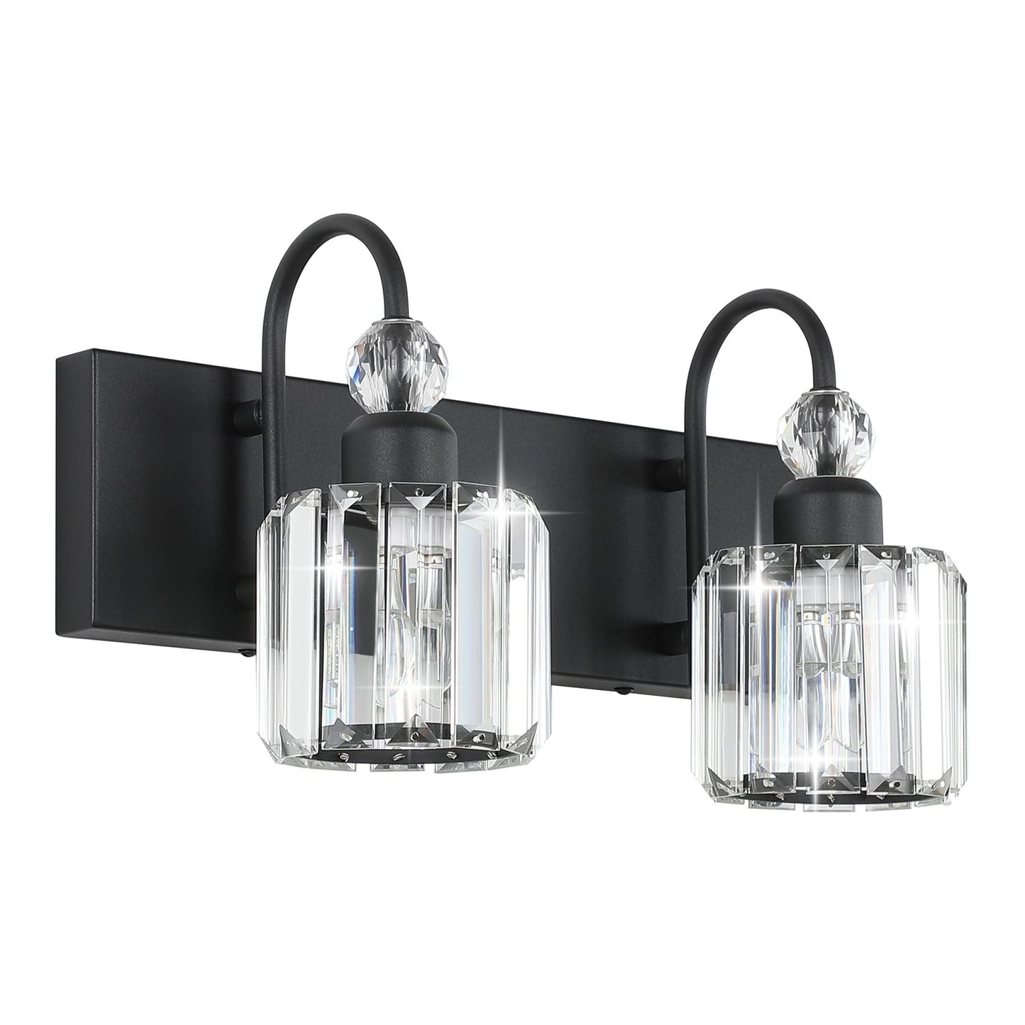 Ralbay 2-Light Vanity Light, Modern Crystal Wall Fixture, Matte Black, Model 8600, Round-Black Metal Bathroom Lighting