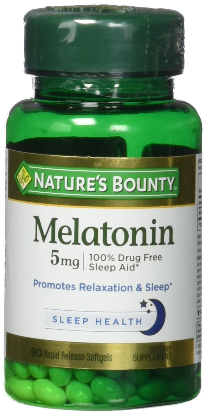 Melatonin by Nature's Bounty, 100% Drug Free Sleep Aid, Dietary Supplement, Promotes Relaxation and Sleep Health, 5mg, 90 Rapid Release Softgels