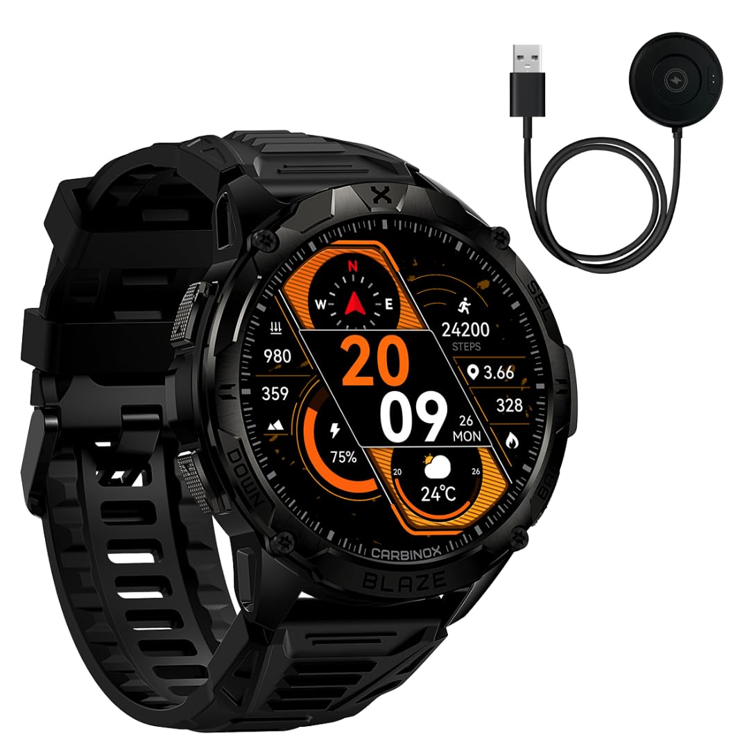 CARBINOX Blaze Smart Watch with Charger GPS, Rugged Fitness Tracker Waterproof IP69K, Compatible with Android and iOS, 170+ Sports Modes, Gorilla Glass Screen, Make/Receive Calls (Round)