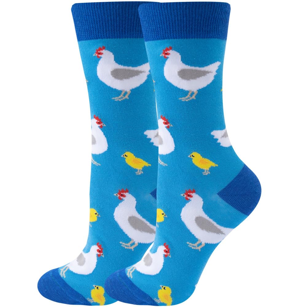 Angelteers 5 Pairs Cute Animal Crew Socks Fun Casual Cotton Calf Socks for Women (US, Alpha, One Size, Regular, Regular, Chicken)