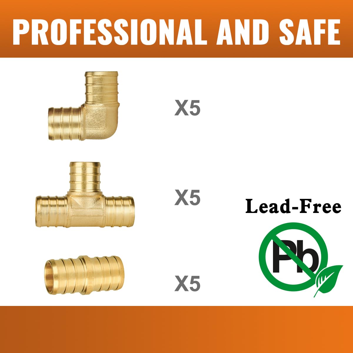 SUNGATOR 15-Pack 3/4 Inch PEX Fittings, 5 Each Elbow Tee Coupling, No Lead Brass Pex Fittings 3/4 Inch Assortment, UPC, NSF Certified