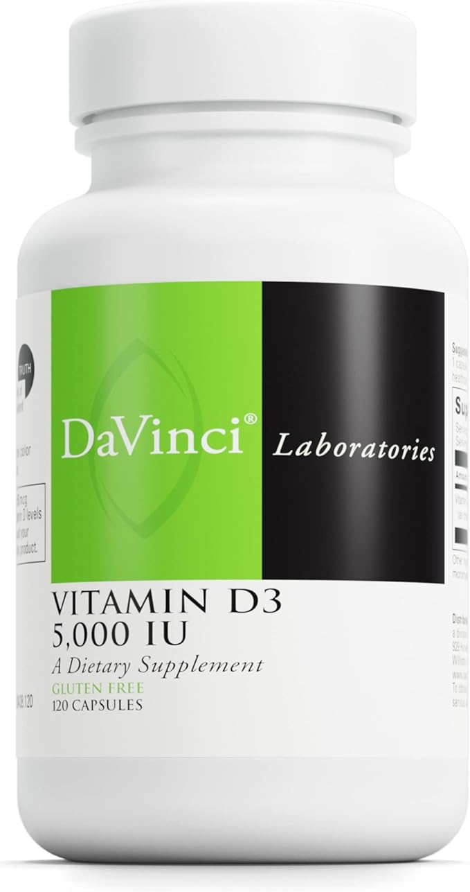DAVINCI Labs Vitamin D3 5000 IU - Dietary Supplement to Support Healthy Teeth and Bones, Cardiovascular Function, and Immune Health* - with 5000 IU per Serving - Gluten-Free - 120 Capsules