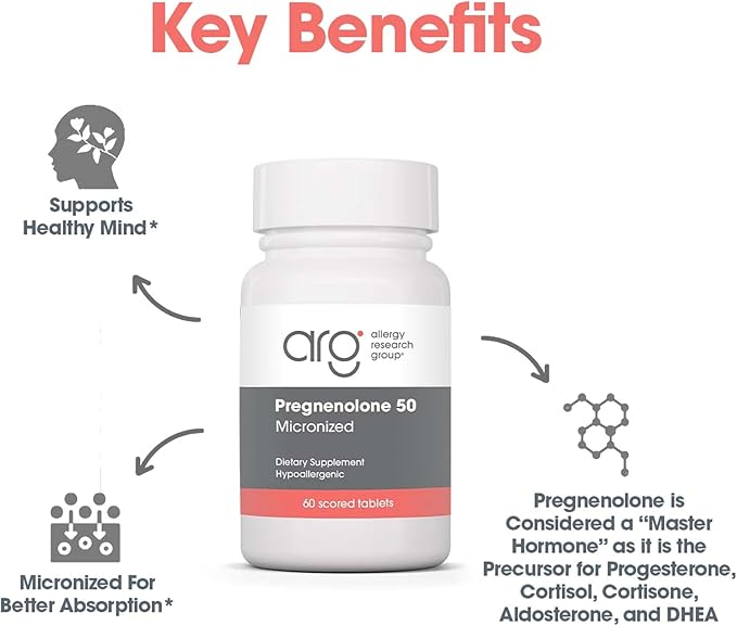Allergy Research Group Pregnenolone Supplement - Progesterone Supplements 50mg, Hormone & Stress Support, Made from Non-GMO Wild Yam, Micronized Lipid Matrix, Plant-Sourced, Scored Tablets - 60 Count