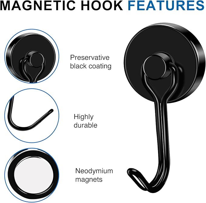 LOVIMAG Hooks, 85lbs+ Magnetic Magnet Hook 2025 Cruise Cabin Ship Essentials Heavy Duty Strong Refrigerator Fridge Hanging for Classroom Beach Vacation Kitchen Grills Home Mug Hanger (6 Pack), Black