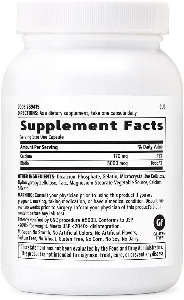 GNC Biotin 5000mcg Supplement, Supports Healthy Hair, Skin and Nails, 120 Servings