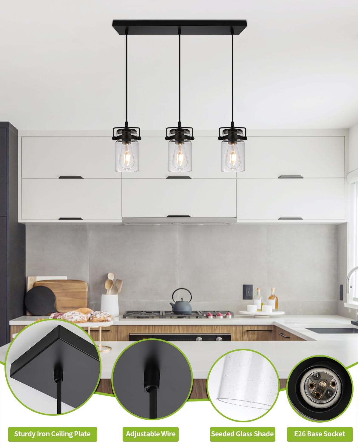 Foucasal Kitchen Pendant Lighting Over Island Pendant Lights With Seeded Glass Shade Black 3 Pendant Lighting Adjustable Farmhouse Ceiling Light For Kitchen Island Dining Room Bedroom Living Room