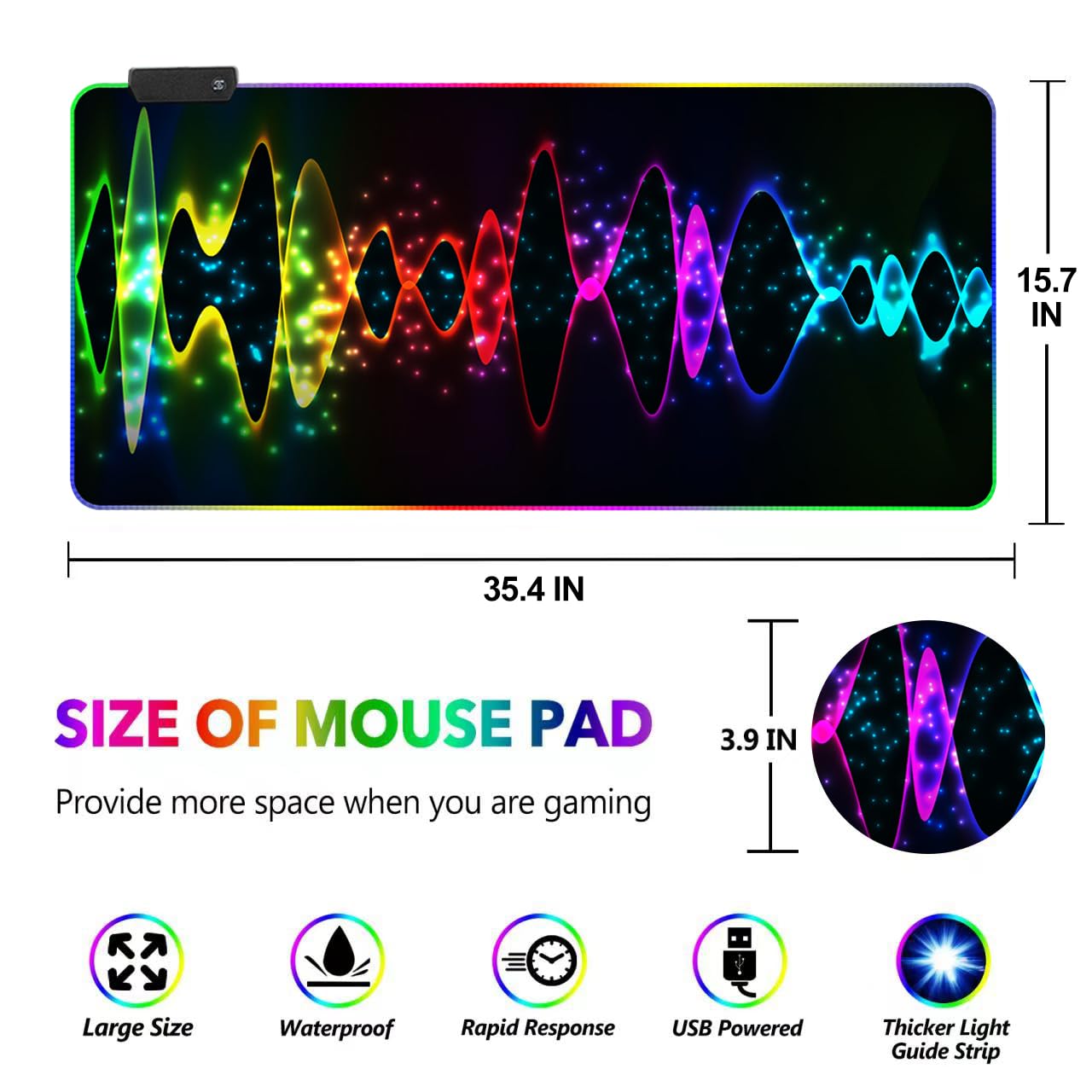 RGB Gaming Mouse Pad, DINKY Large Extended Soft Led Mouse Pad with 14 Lighting Modes, Water Resist Keyboard Pad, Computer Keyboard Mousepads Mat 35.4×15.8 inches-Black