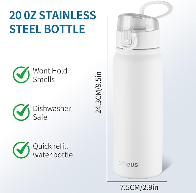 GOPPUS Insulated Water Bottle 20oz Stainless Steel BPA-Free Sports Bottle Ideal for School and Travel Silicone Spout Lid Prevents Leaks, Sweat, and Dust (White)