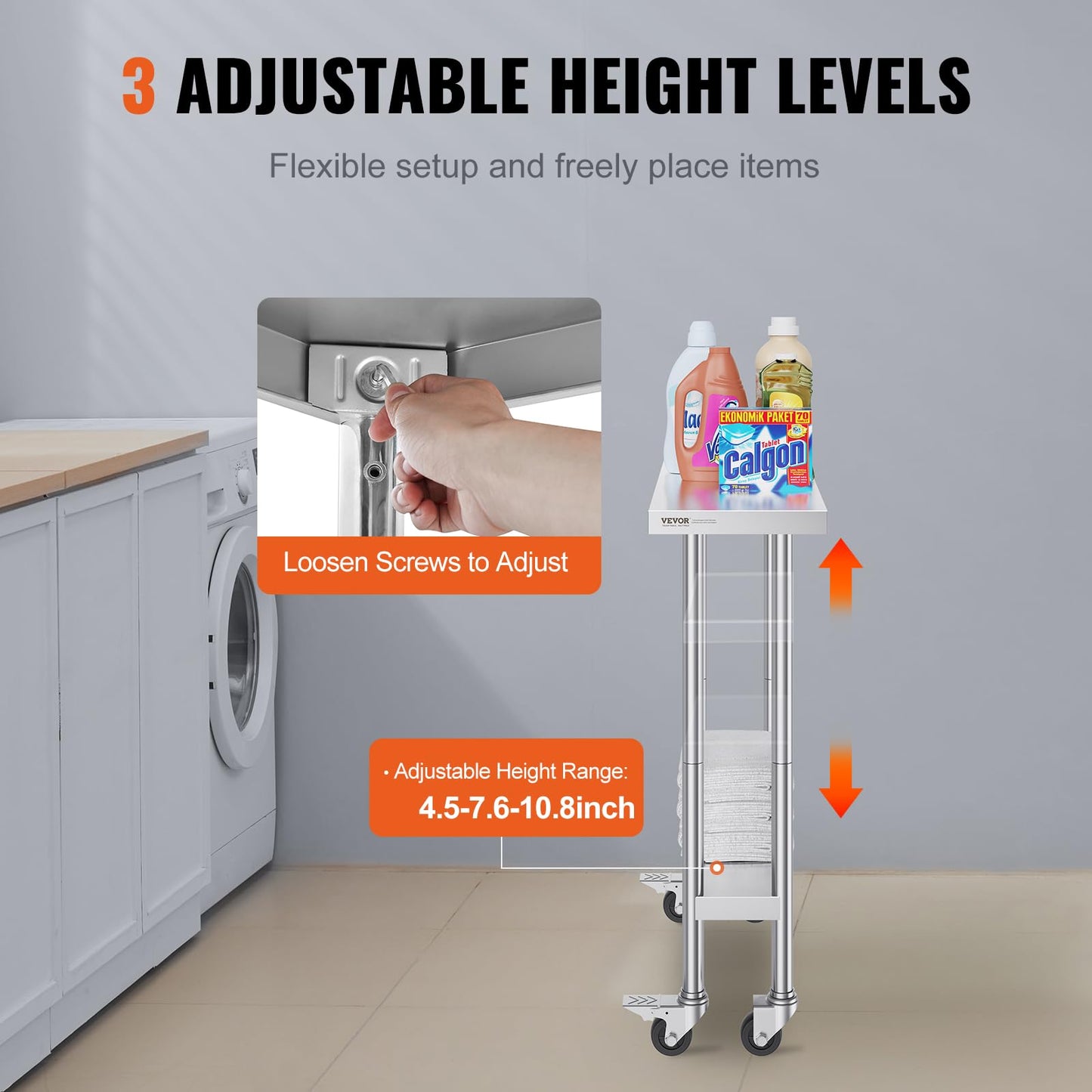 VEVOR Stainless Steel Work Table 30 x 12 x 38 Inch, with 4 Wheels, 3 Adjustable Height Levels, Heavy Duty Food Prep Worktable for Commercial Kitchen Restaurant, Silver