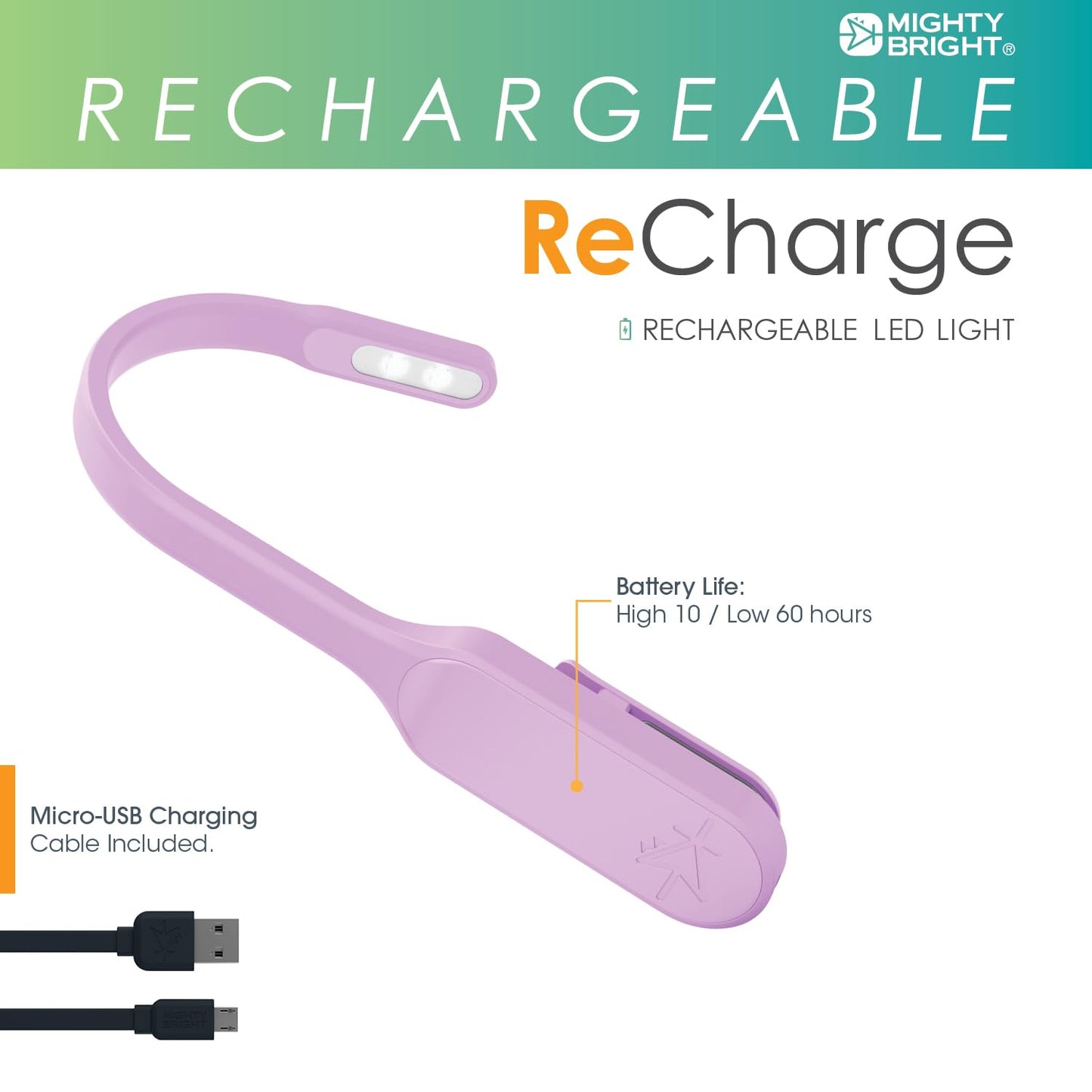 Mighty Bright The Original Recharge Clip On – USB Rechargeable Book Light – Warm LED Reading Lamp – Flexible, Dimmable, Lasts Up to 60 Hours a Charge (Lavender)