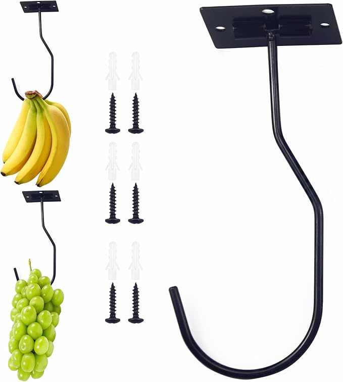 Self-Adhesive Banana Hook, Grape Hook, Kitchen Banana Hanger, Keep Bananas Fresh Under The Cabinet, with Magnetic Absorption Storage Perfect Design 3 Pieces Black