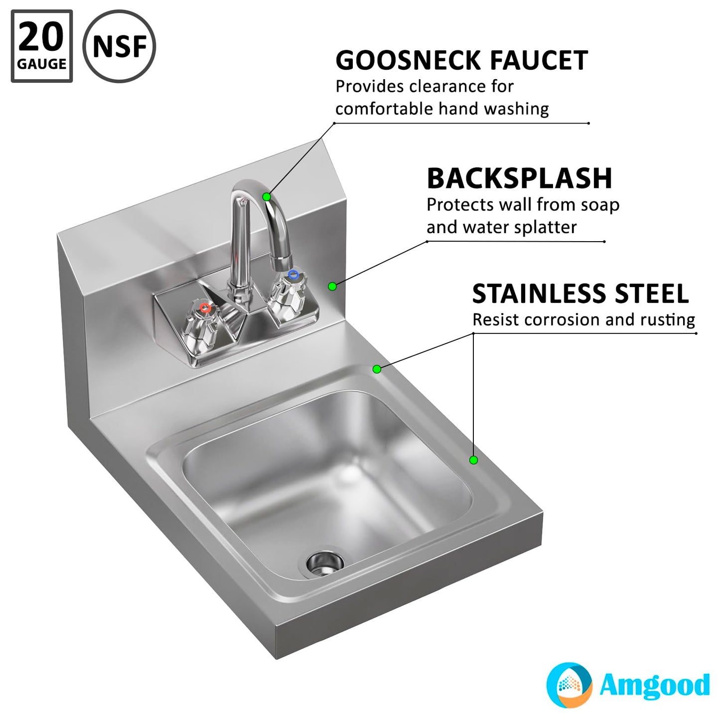 AmGood Stainless Steel Wall Mount Hand Sink | NSF | Commercial Hand Washing Basin For Restaurant, Kitchen and Home (12" x 16")