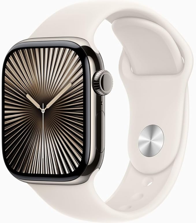 Apple Watch Series 10 [GPS + Cellular, 42mm] - Natural Titanium Case with Starlight Sport Band, S/M (Renewed)