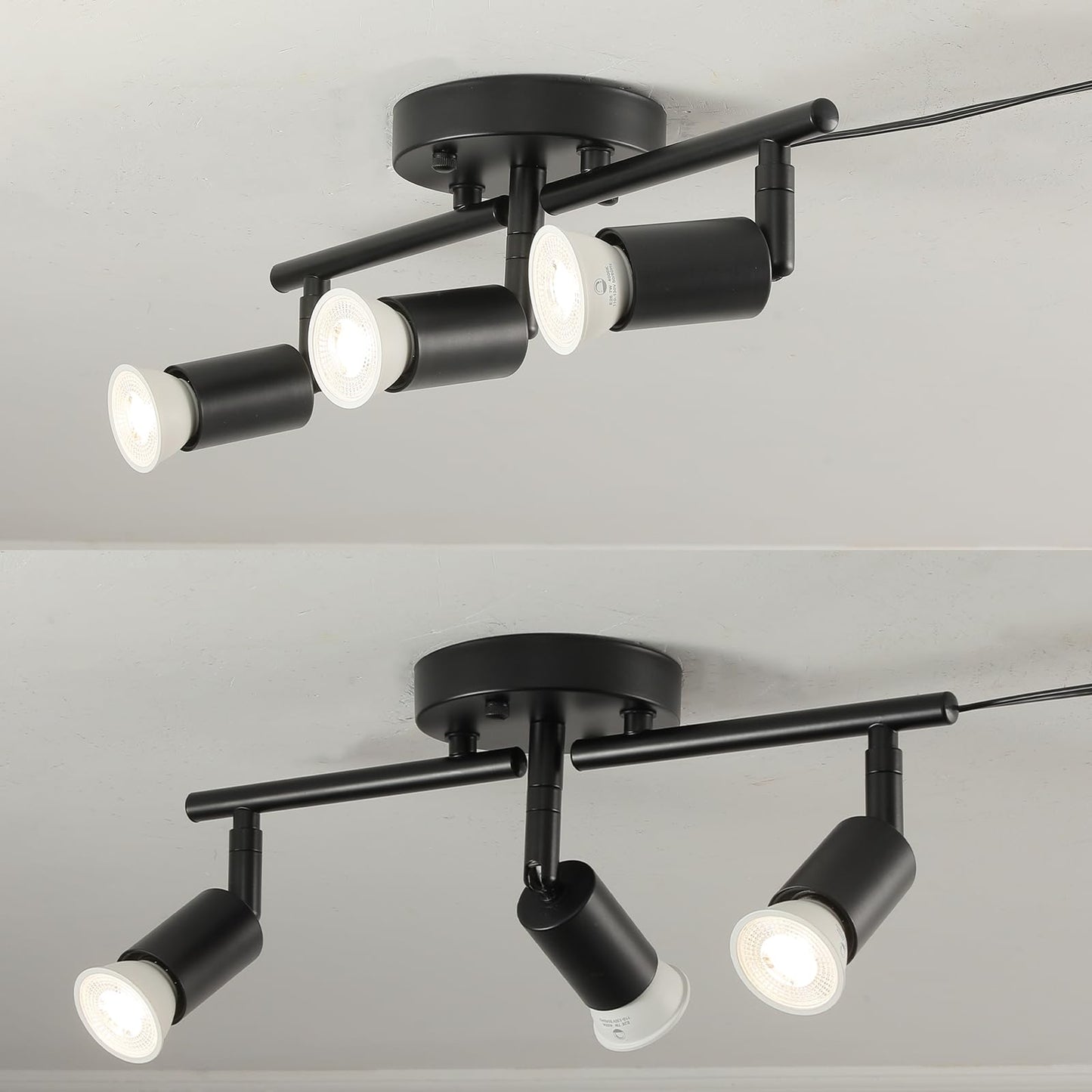 Vivihobb Dimmable Plug In Track Light Black 3 Light Plug In Ceiling Lighting Fixture With 16.4 Long Cord 4 Way Ceiling Spotlight Rotatable Wall Mount Light Head Led Dimmable Spot Bulbs Included