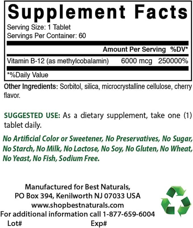 Best Naturals Vitamin B-12 as Methylcobalamin (Methyl B12), 6000 mcg 60 Sublingual Tablets (60 Count (Pack of 2))