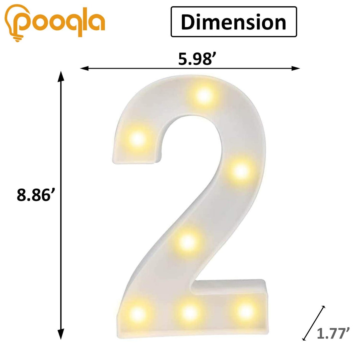 Pooqla Decorative LED Light Up Number Sign, Battery Operated, Warm White, Model JH-NB-02, Marquee Number 2