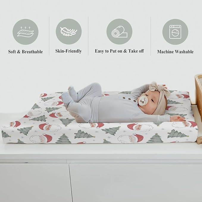 Pastel Santa Christmas Trees Baby Changing Pad Covers for Boy Girl Red Santa Claus Snowflakes Fitted Changing Table Cover Mats Winter Holiday Festive Soft Diaper Change Table Cover Sheets 32''×16''