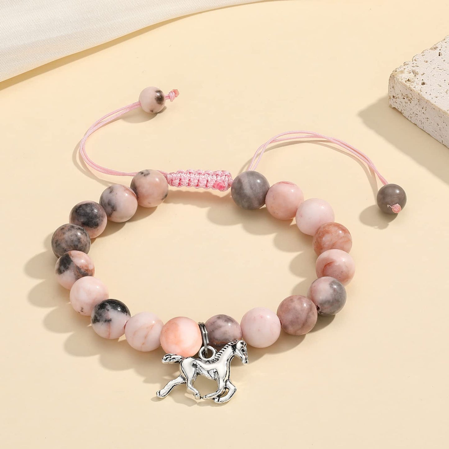 MIXJOY Horse Jewelry, Pony Charm Pink Rope Braided Beads Natural Stone Bracelet for Horse Lovers, Teens Horseback Riding Equestr