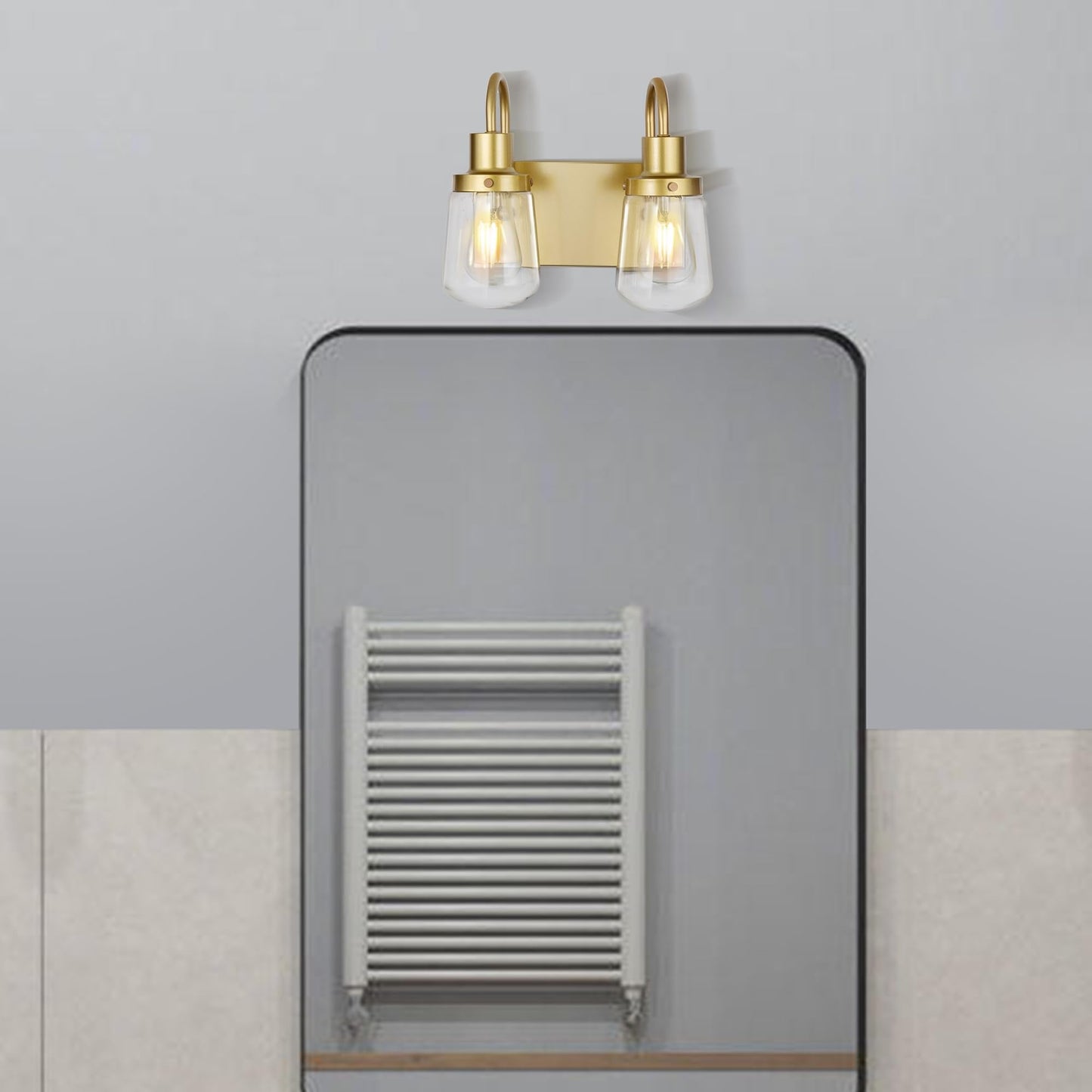 Yaohong 2-Light Vintage Gold Bathroom Light Fixtures, Industrial Wall Sconce with Clear Glass Shade, Model AT9064WL2-YB
