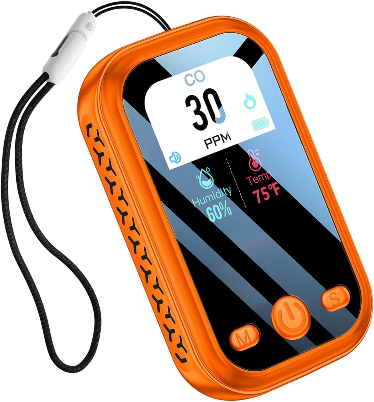 HAKINAKU Travel Carbon Monoxide Detectors 3-in-1 Mini Size Portable CO Detector with Kickstand & Lanyard Built-in 120h Battery [CO Temp Humidity Sensor] for Travel Camping RV Hotel Safety (Orange)
