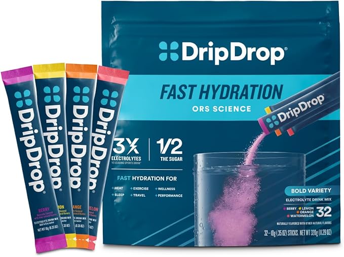 DripDrop Hydration Packets - Bold Variety Pack - Single Serve Electrolytes Powder Drink Mix - Watermelon, Berry, Lemon, Or...