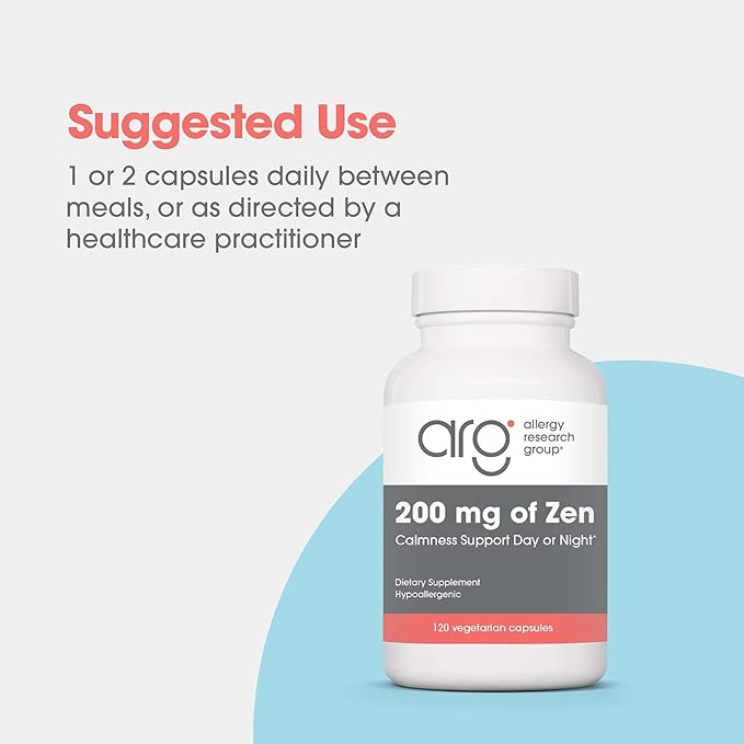 Allergy Research Group 200mg of Zen Supplement - GABA, L-Theanine, Calmness Support, Day or Night, Hypoallergenic, Vegetarian Capsules - 120 Count
