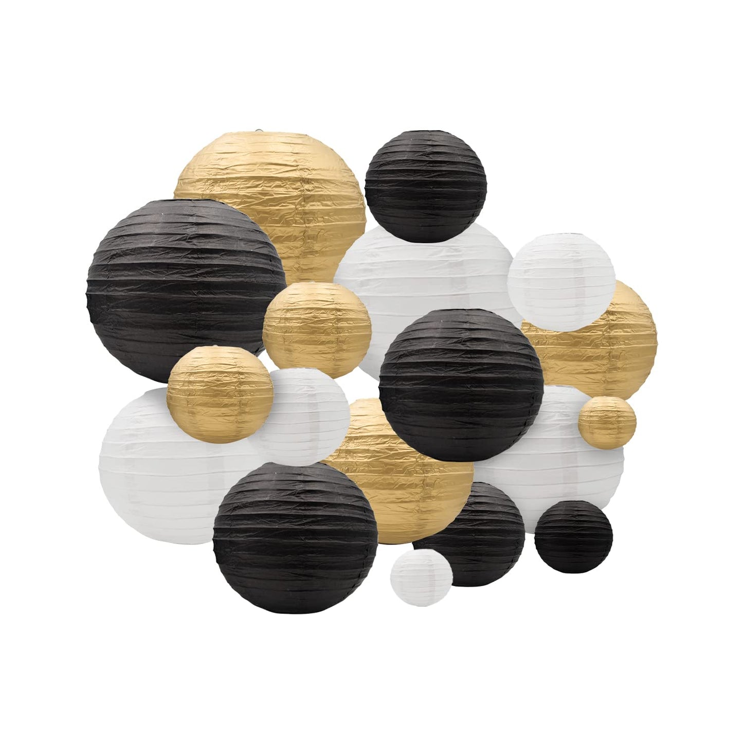 Hossom Round Chinese Paper Lanterns 18pcs, Decorative Hanging Lanterns, Assorted Sizes, Black/Gold/White, Model HM-18HBJDL-US
