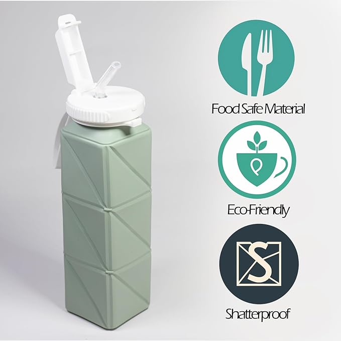 Collapsible Water Bottle, Silicone Foldable Water Bottles For Travel, Easy-To-Carry Design And Compact Size, BPA Free, 20 oz (Green (cuboid))