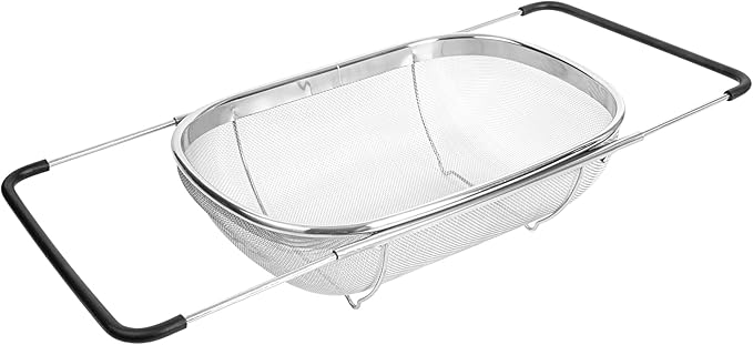Restaurantware Colander 1 Count 5.5 qt Dishwasher-Safe Stainless Steel Coarse Mesh Colander with Over-The-Sink Expandable Handles Kitchen Strainer Basket for Pasta, Fruits, and Vegetables