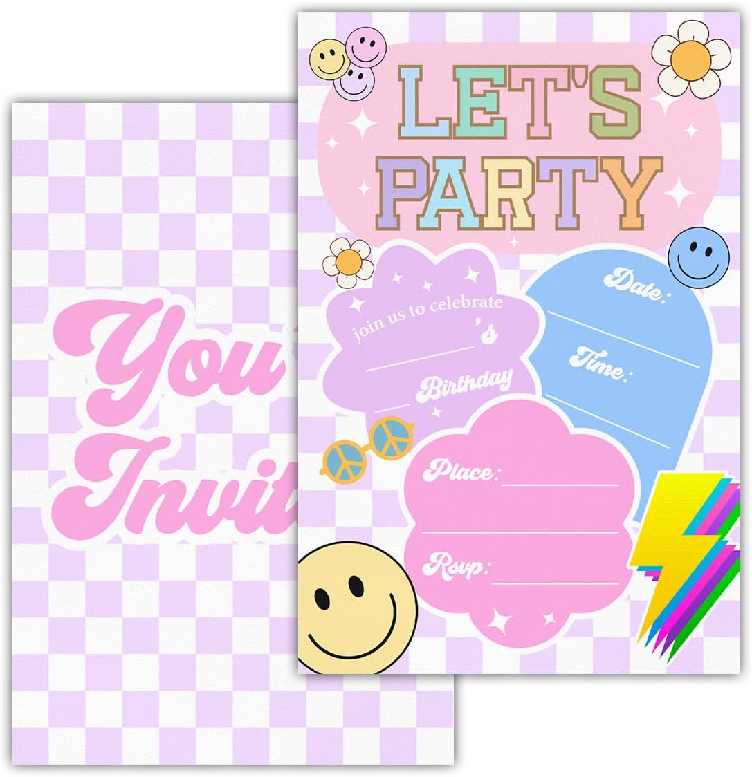Let’s Party Birthday Invitations, Retro Smile Face Birthday Party Fill in Invites Cards With Envelopes (20 Count), Double Sided Design