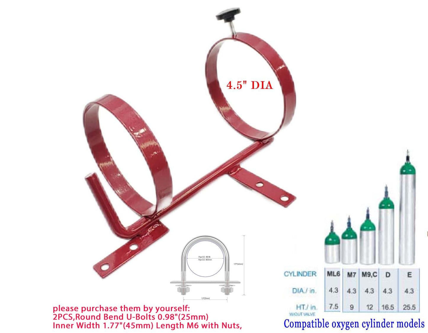 Oxygen Bottle Holder for Wheelchair and Transport Chair,Holds 1 C,D,E,M9,or M7 Cylinder,Inner Ring 4.5", can accommodate (4.38" Dia) Oxygen Cylinder,Universal Wheelchair Parts, (1Ea, red)