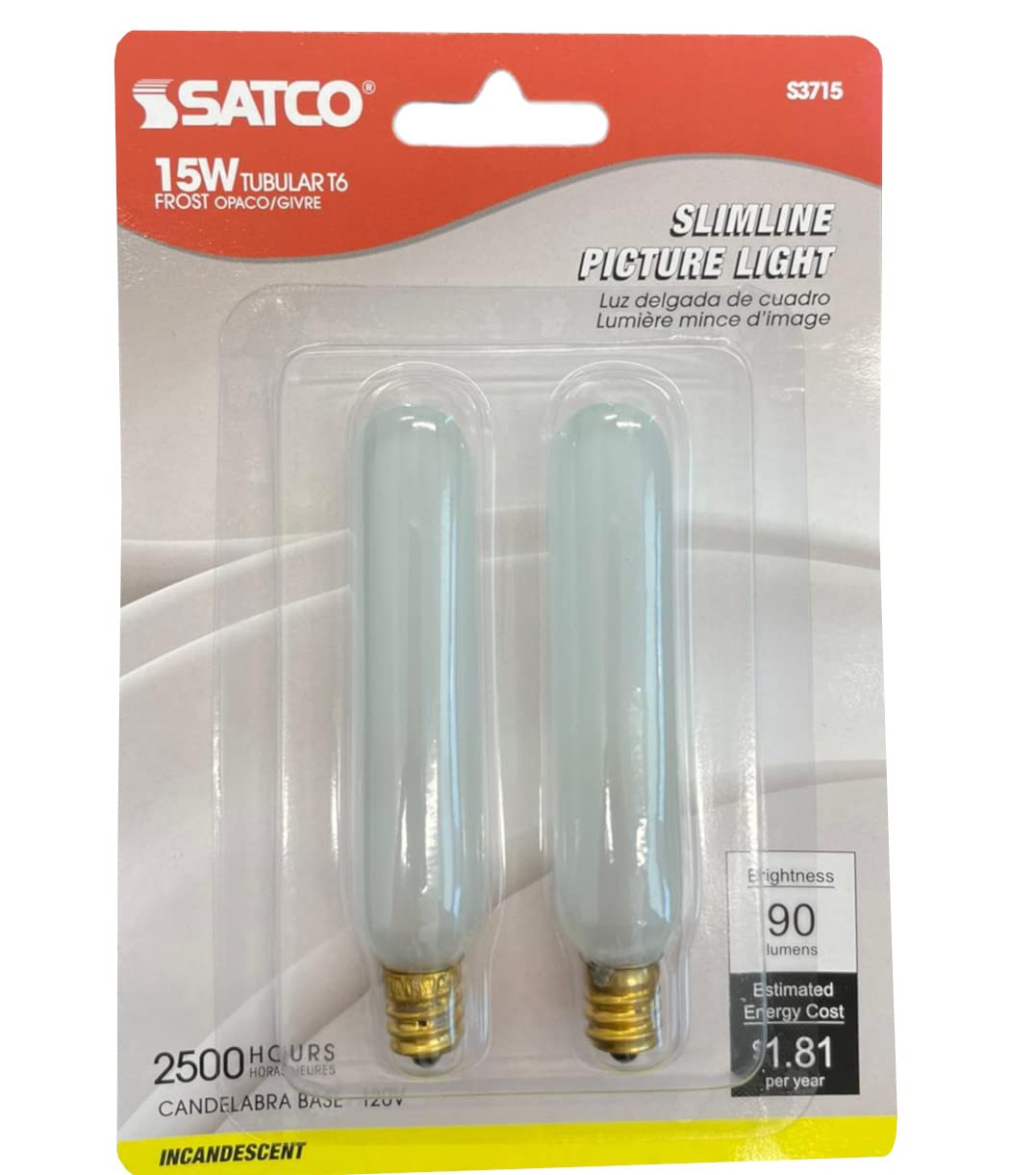 Satco S3715 15W T6 Candelabra Bulb, Frosted Glass, 120V, 1 Count