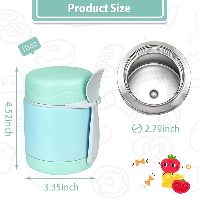 Soup Thermo for Kids - 10oz Insulated Food Jar with Spoon, Leak Proof Stainless Steel Wide Mouth Lunch Thermo Jar for School (Mint-Green)