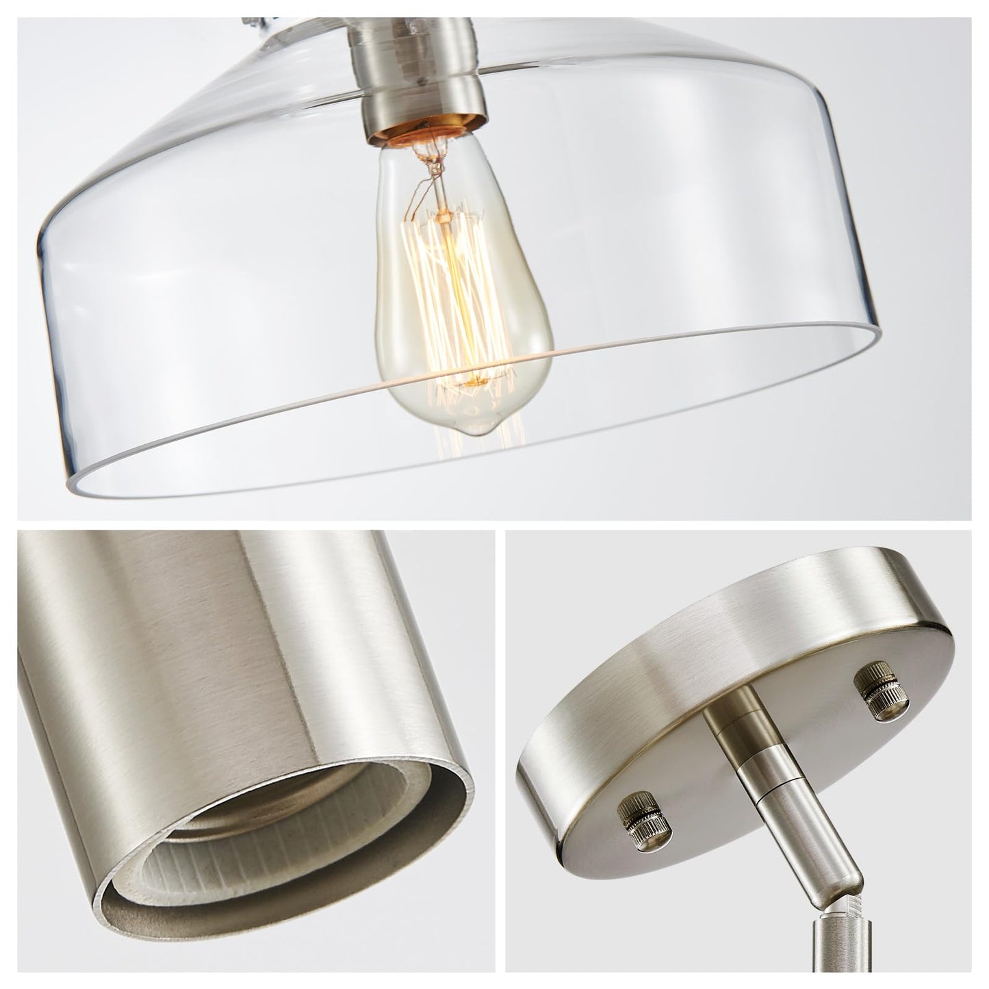 Wuzups Chandelier Rustic Farmhouse Industrial Round Ceiling Pendant Led Light Fixture With Clear Glass Shades For Dining Room Kitchen Island Foyer Entryway  H 9.4 X W 10.6  E26 Base  Brushed Nickel