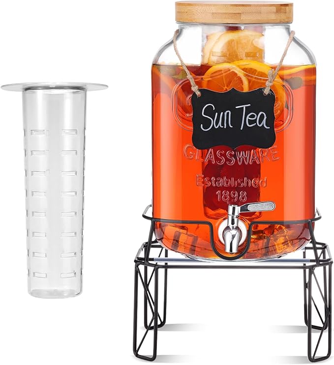 2 Gallon Drink Dispensers with Stand, Glass Beverage Dispenser with Stainless Steel Spigot and Bamboo Lid,Lemonade Dispenser,Glass Drink Dispensers for Parties, Weddings