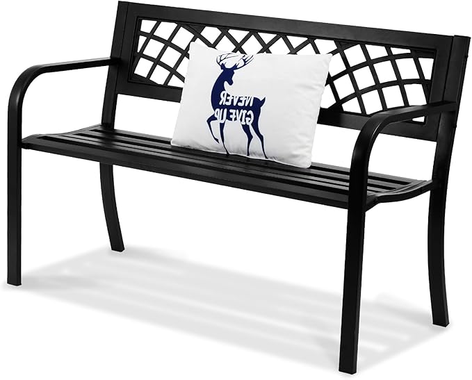 VEVOR Outdoor Bench, 46" Iron Steel Frame Garden Park Bench with Mesh Pattern and Plastic Backrest Armrests, Patio Bench f...