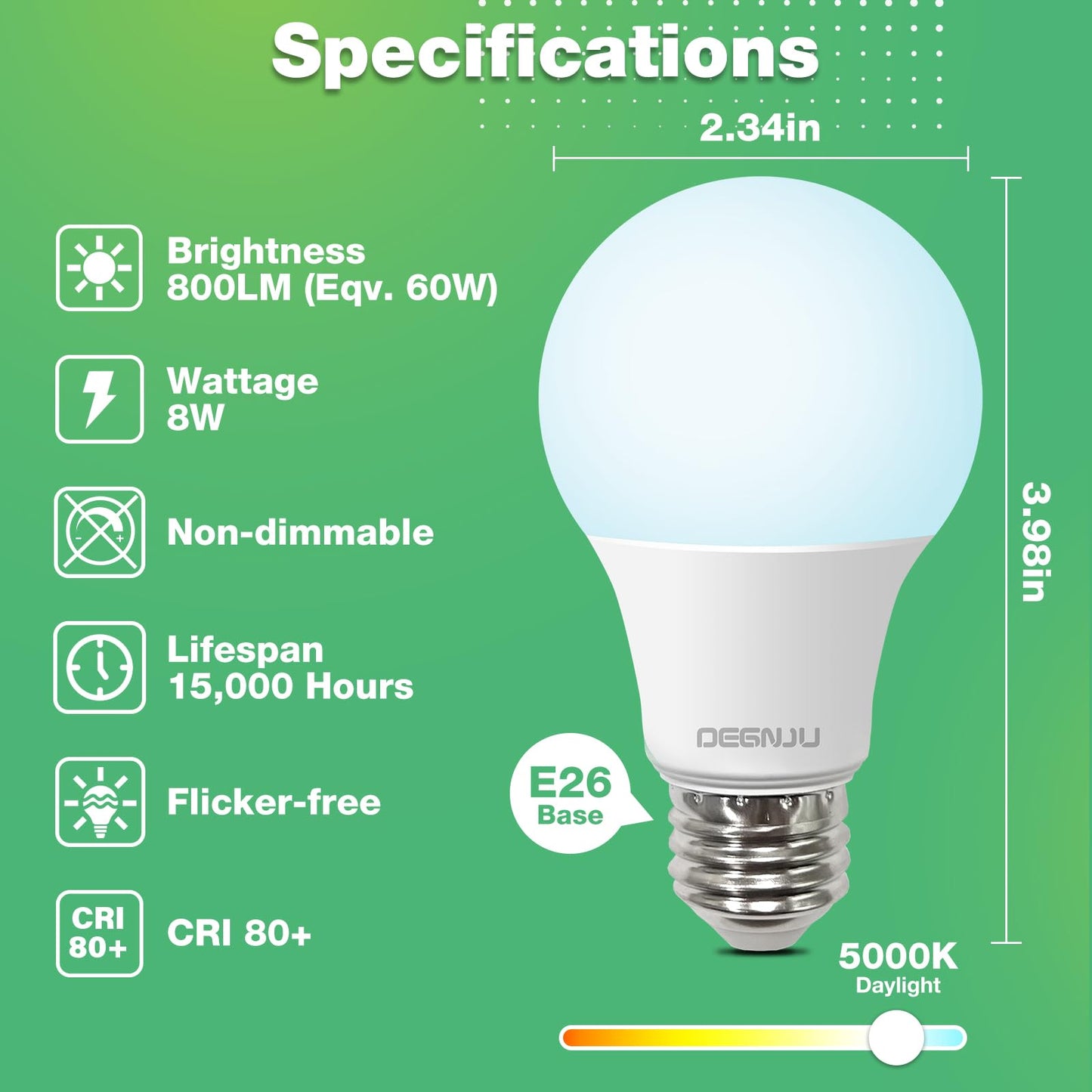 Degnju 24 Pack Led Light Bulbs 60 Watt Equivalent  A19 5000K Daylight  800 Lumens  E26 Base  Non-Dimmable  8 Watt Energy Efficient Led Bulbs For Home Lighting