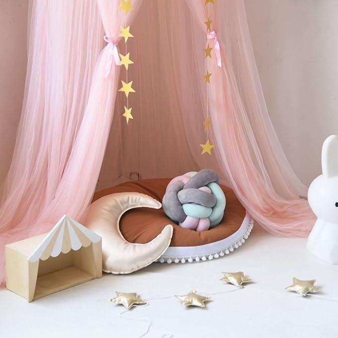 Bed Canopy Mosquito Net with Star Lights，Princess Play Canopy for Girls Room - Dome Net Curtains for Baby Game Dream Castle, Girls Room Decor, Pink