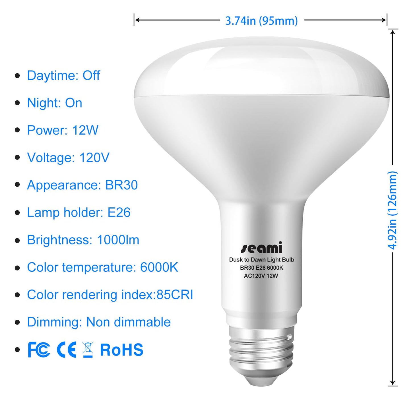 Seami Dusk To Dawn Light Bulbs Outdoor  Sensor Led Br30 Light Bulbs 12W E26 6000K Daylight Auto On/Off Light Sensor Automatic For Outdoor Lighting Pack Of 4 (Sb30Ggx4)