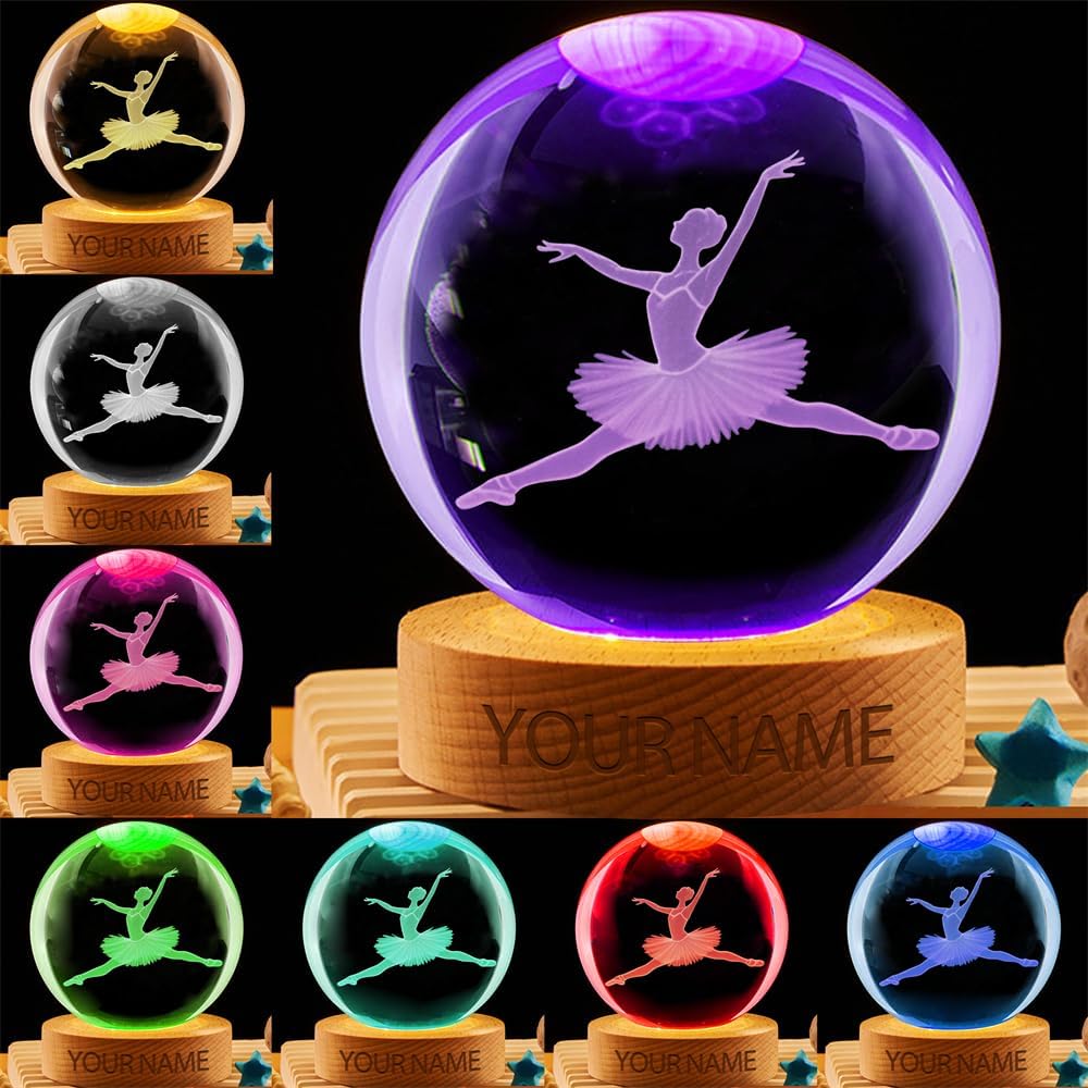 Personalized Ballet Crystal Night Light Gift for Women, Custom Name/Number Ballet Ballerina 3D Crystal Ball Night Light Lamp for Bedroom Room Dance Decor Party Bar Christmas Birthday Gift