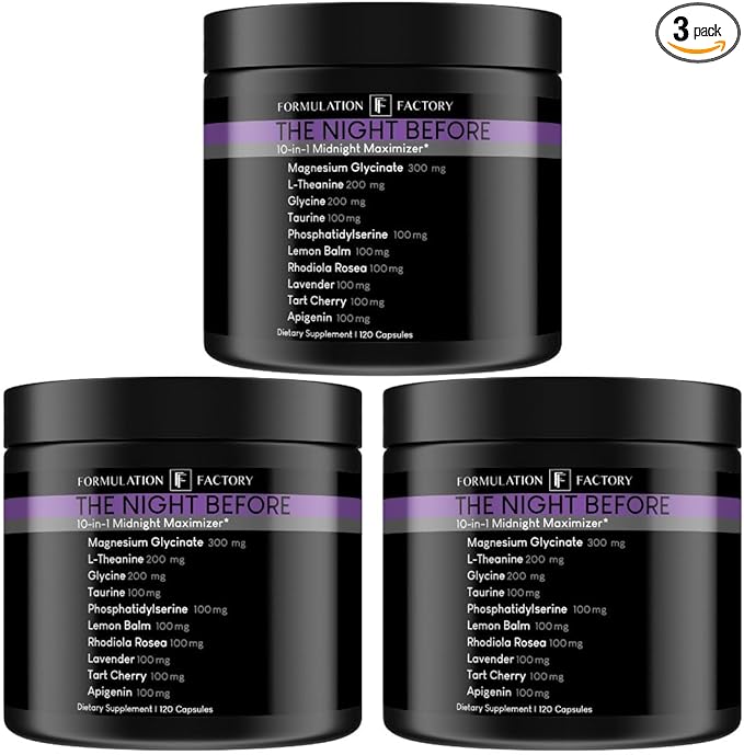 The Night Before: 10-in-1 Midnight Maximizer Supplement, Sleep Aid & Recovery with Magnesium Glycinate, L-Theanine & More – 3 Bottles (6 Month Supply, 360 Capsules)