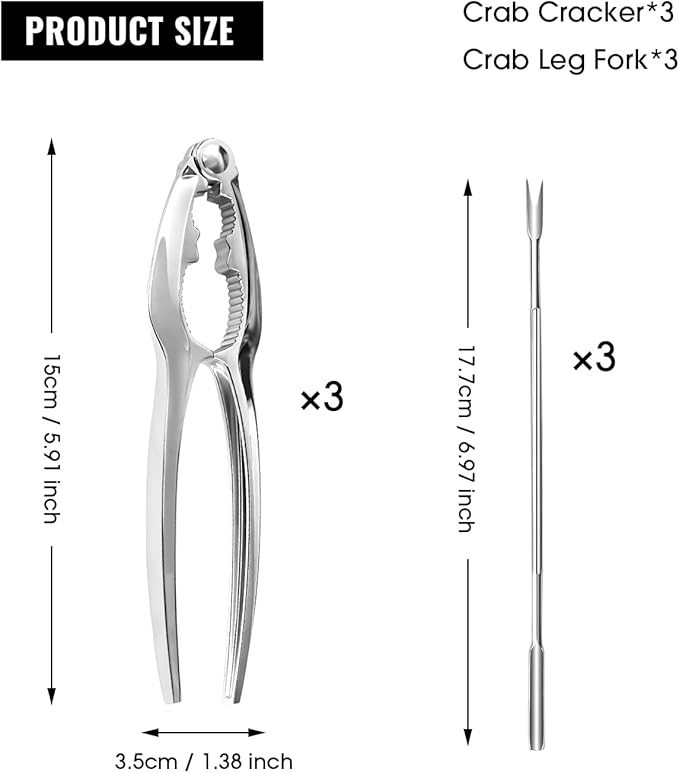 Premium Crab Crackers and Tools Set - 3 Pieces Heavy Duty Stainless Steel Crab Crackers, 3 Pieces Crab Leg Fork,Nut Cracker Set & Crab Leg Crackers Tool for Seafood Lovers
