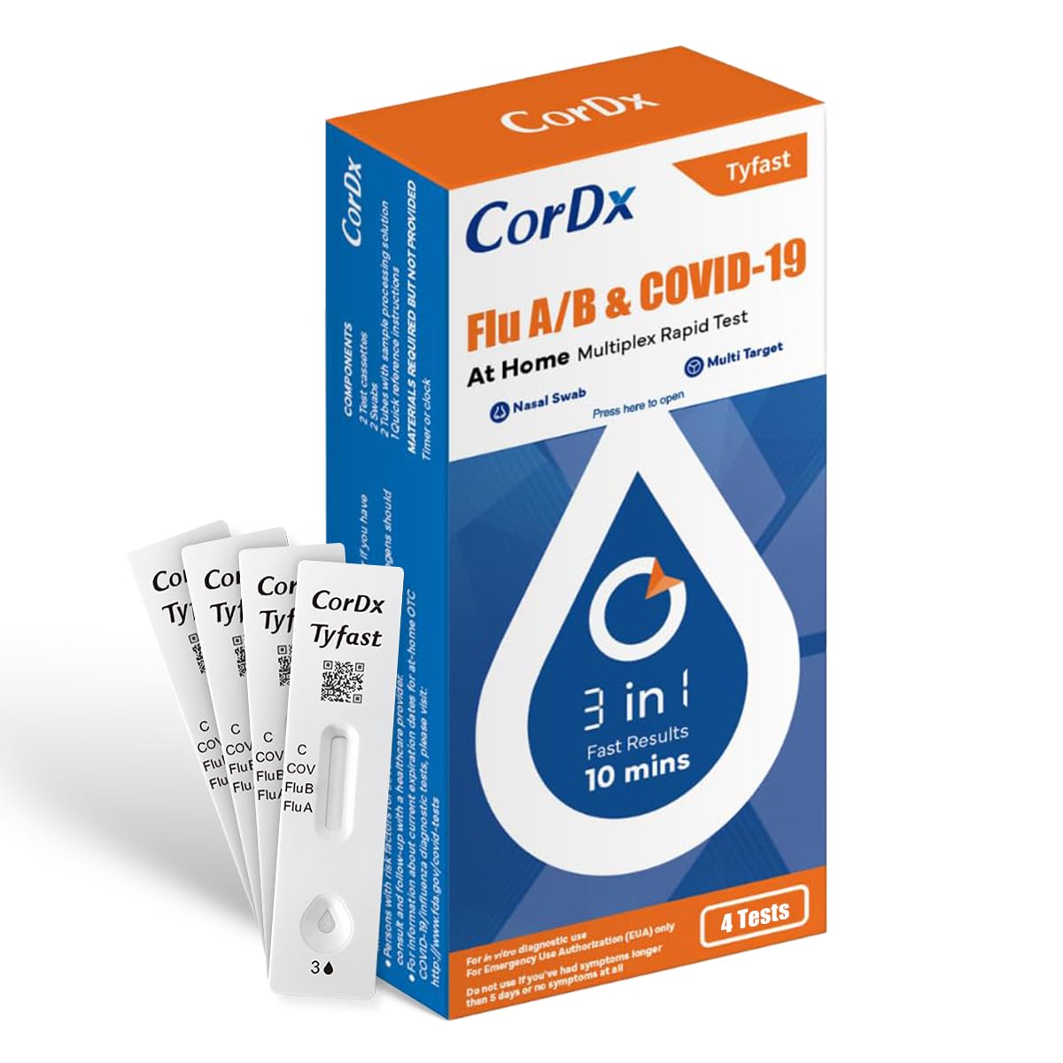 CorDx Tyfast at Home Flu A/B and COVID 19 Rapid Test Kit, Easy, Accurate, Fast Results in 10 Minutes, 4 Tests.