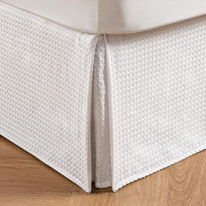 MIYE Pleated Waffle Weave Bed Skirt, Tailored Dust Ruffle 22 Inch Drop Easy Fit, Machine Washable (White,Cal King - 22" Drop)