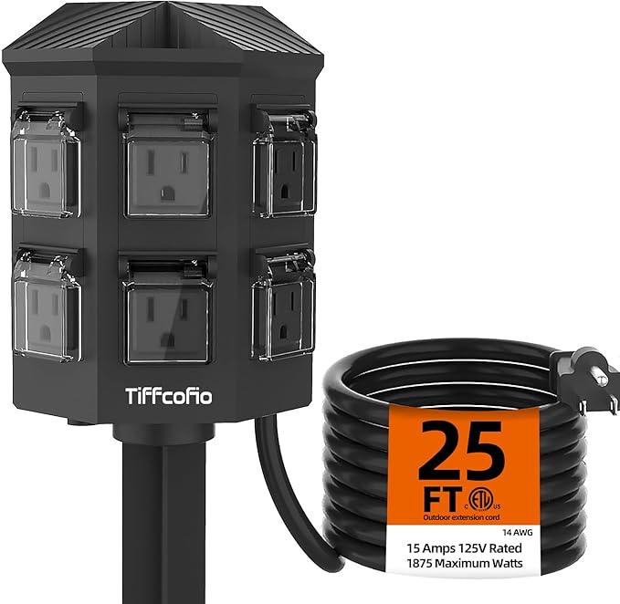 TiFFCOFiO Outdoor Power Strip Weatherproof, 25 FT Extension Cord with Stake, 6 Grounded Outlets for Christmas Yard Decorat...