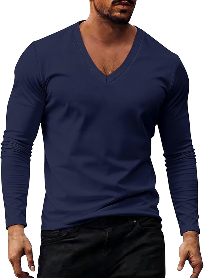 HJINGSUN Mens Long Sleeve Shirt V Neck Plain Shirts Lightweight Breathable Slim Muscle Tshirts Casual Spring Fall Tops 2026